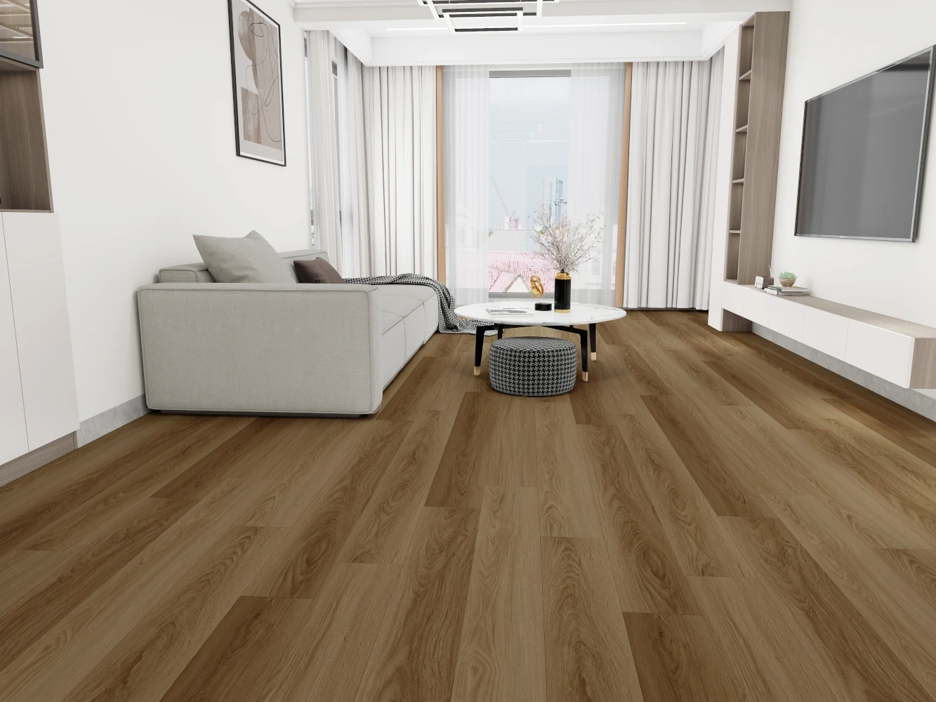 Mozambican Teak offers a rich, earthy brown finish with striking wood grain patterns, reminiscent of exotic hardwoods. This bold, luxurious vinyl flooring adds warmth and sophistication to any room, making it ideal for both formal and casual settings. Its durability and low maintenance make it a practical yet stylish choice for busy households.
