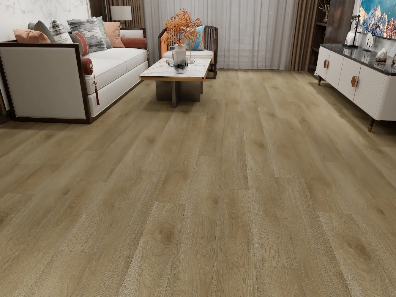 Sunset Oak showcases warm, golden-brown tones with a natural wood grain that exudes a welcoming, cozy atmosphere. Its rich hues and subtle texture make it a versatile choice, complementing both traditional and contemporary interiors. Durable and easy to maintain, this vinyl flooring is perfect for adding warmth and charm to living spaces or bedrooms.


