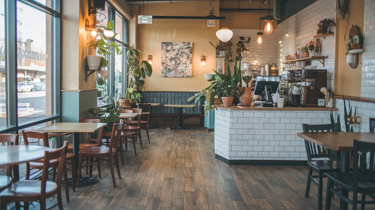 A coffee shop with vinyl flooring.