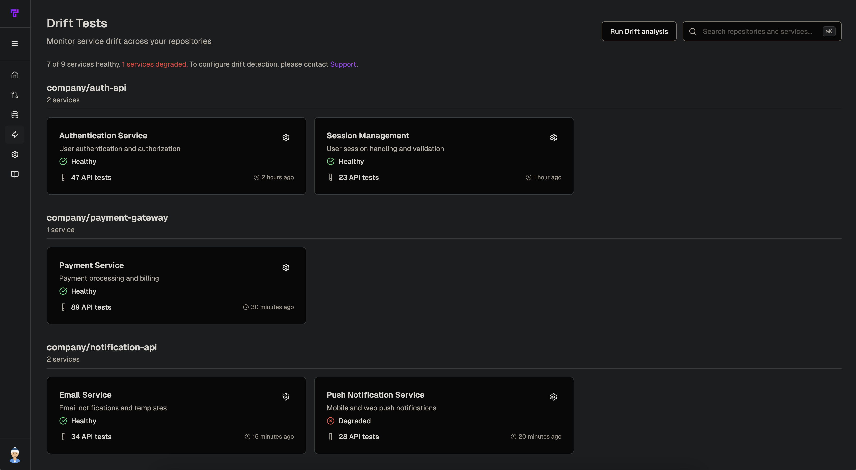 Screenshot showing Tusk Drift page showing list of repos and services