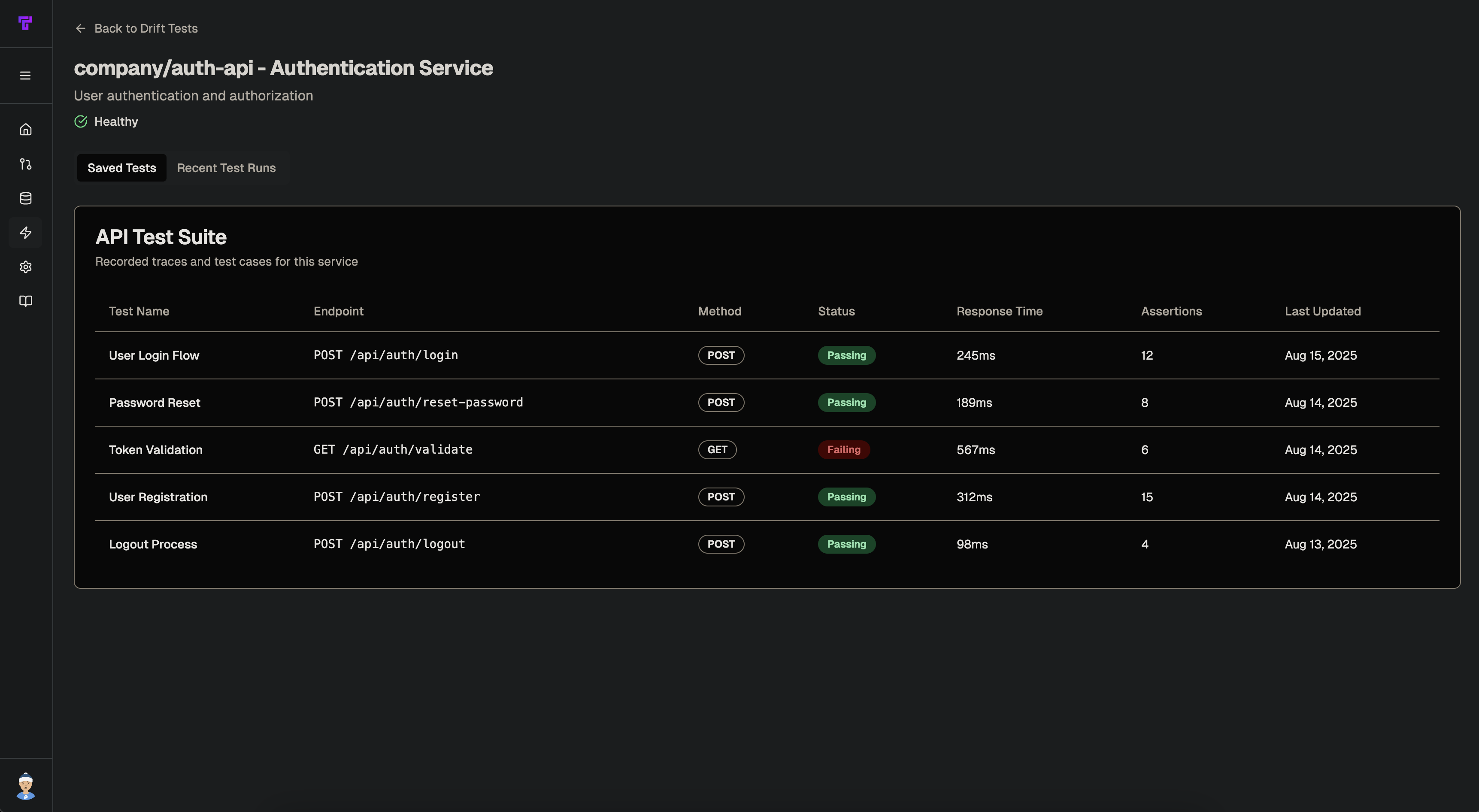 Screenshot showing Tusk Drift page with auto-generated API test suite