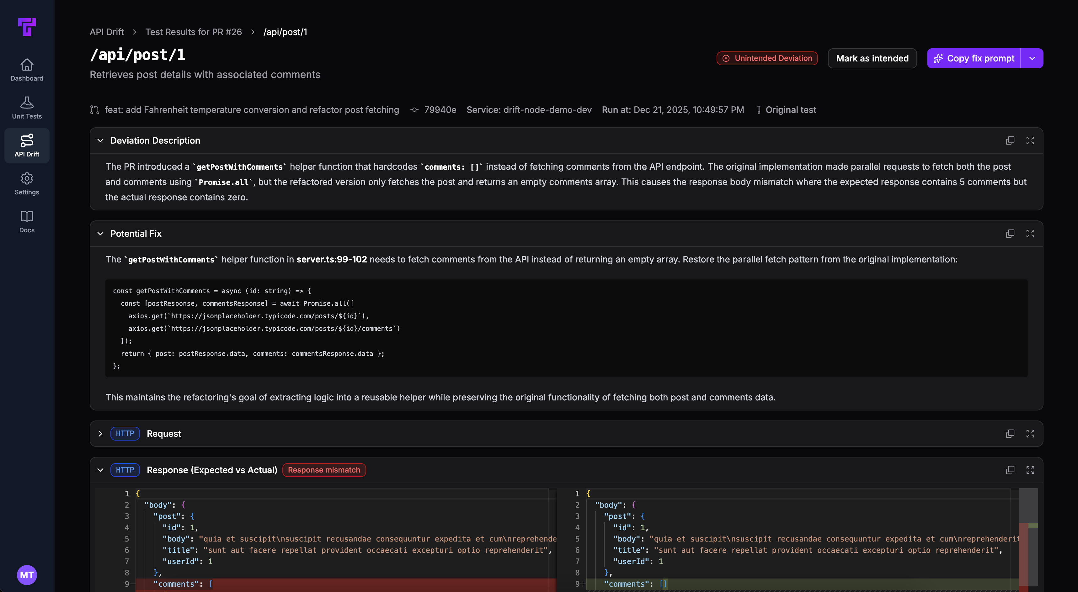Screenshot showing Tusk Drift page showing test results