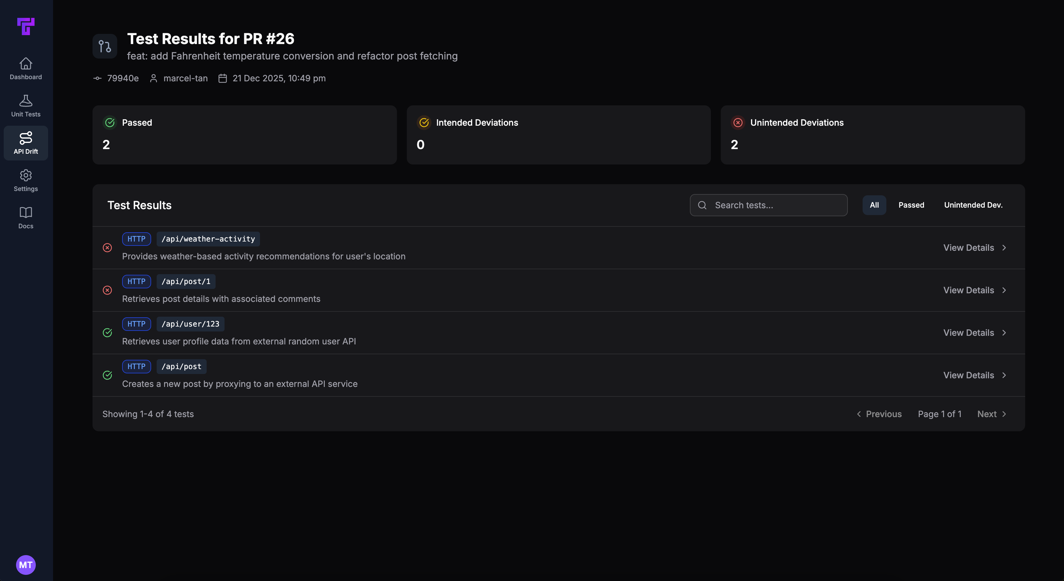 Screenshot showing Tusk Drift run page with tests for a PR