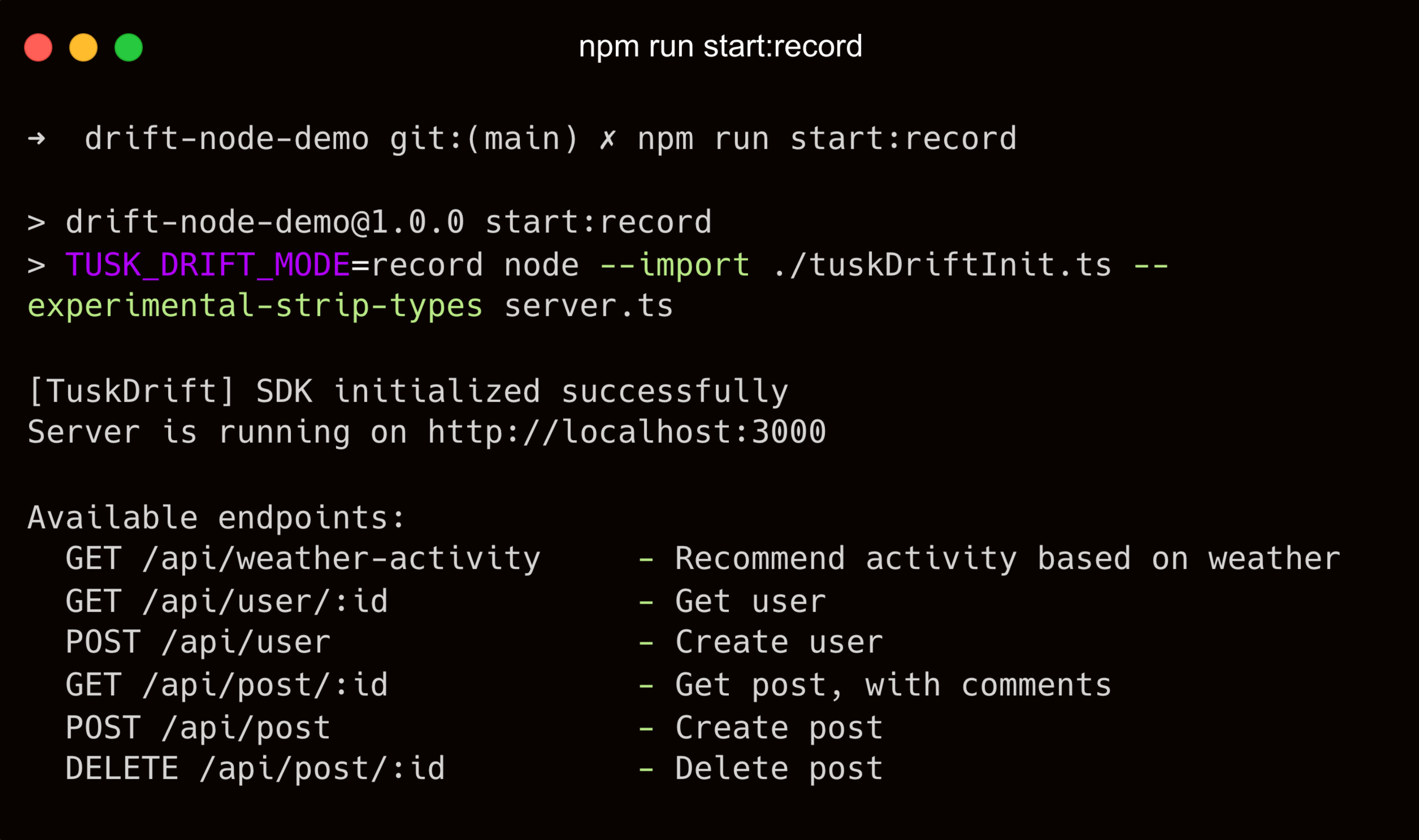 Screenshot of CLI command for starting service in record mode