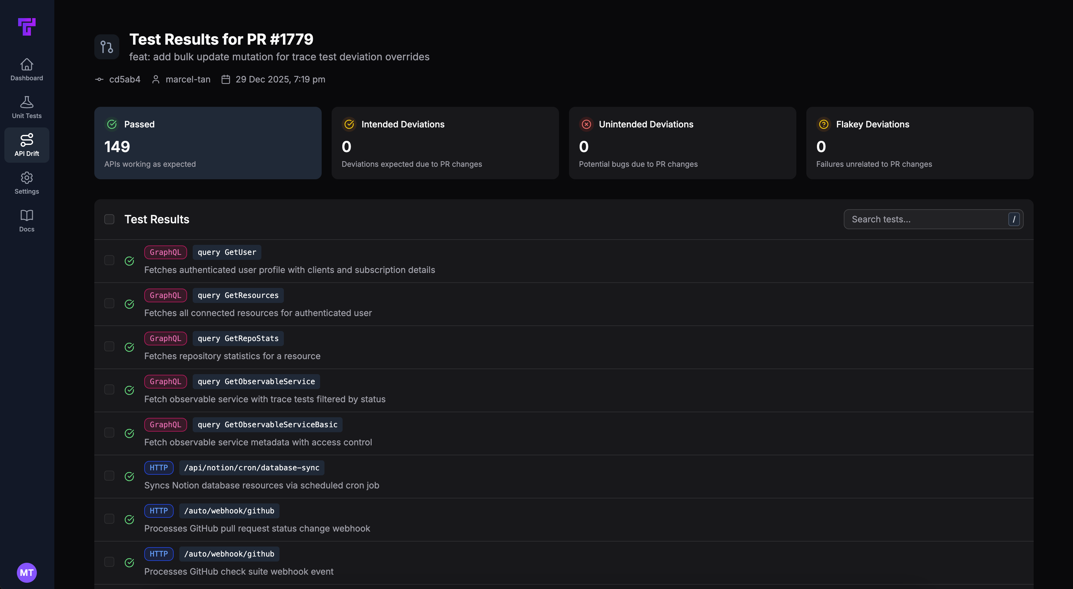 Screenshot showing Tusk Drift run page with all passing tests