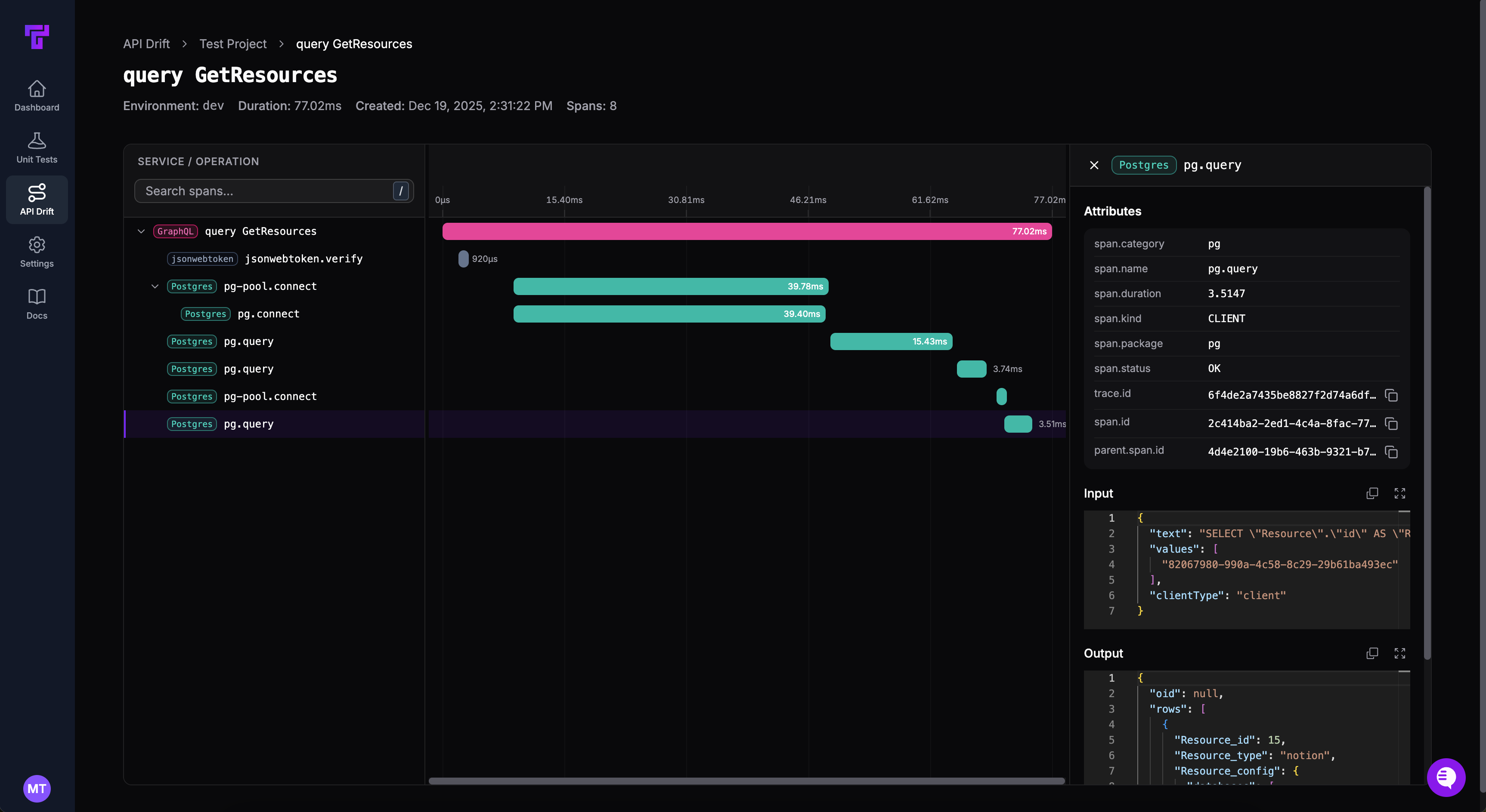Screenshot showing Tusk Drift span view page
