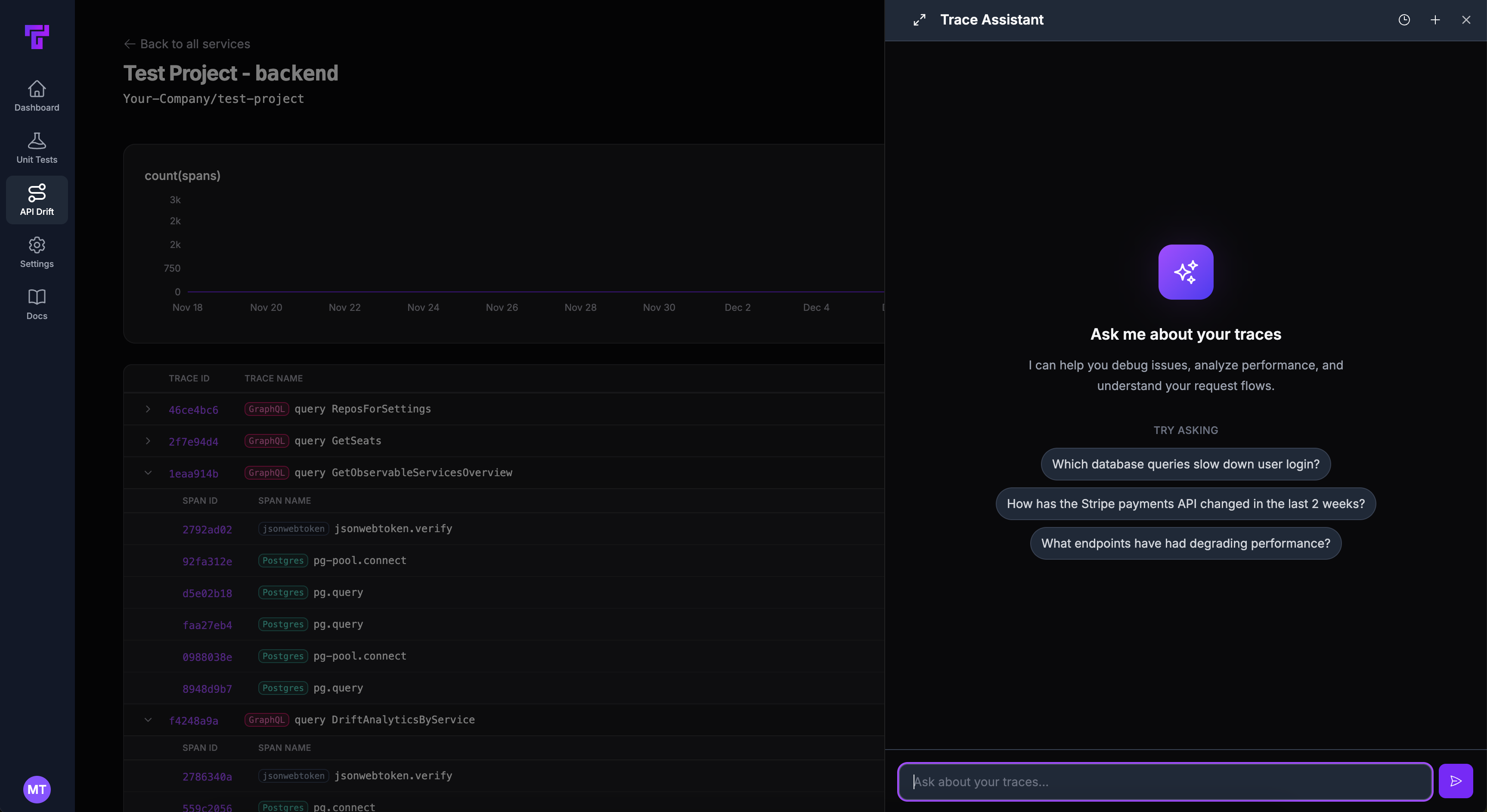 Screenshot showing the Tusk Drift Trace Assistant in observability dashboard