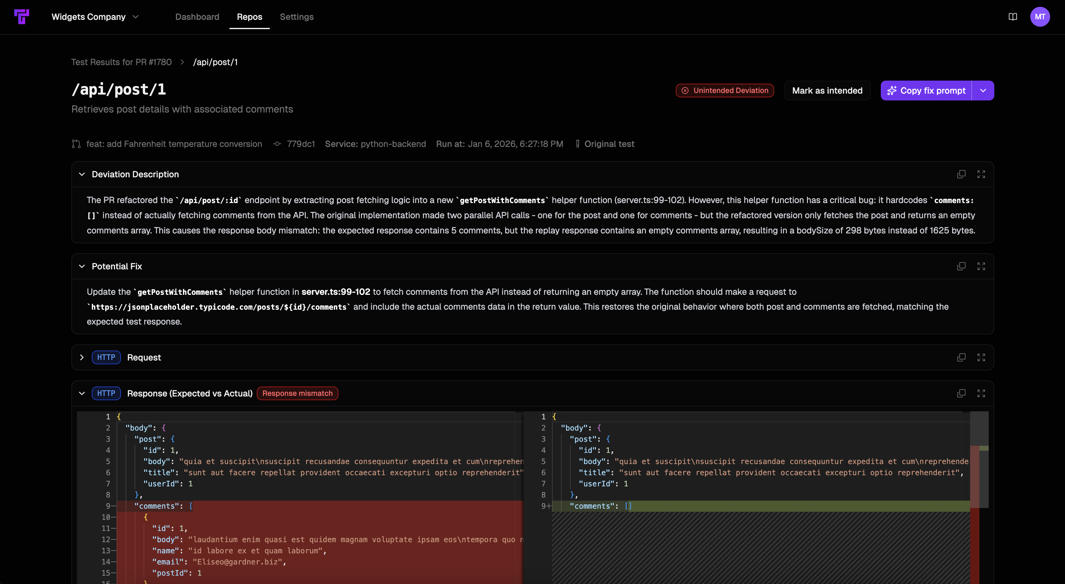 Screenshot showing Tusk Drift page showing test results