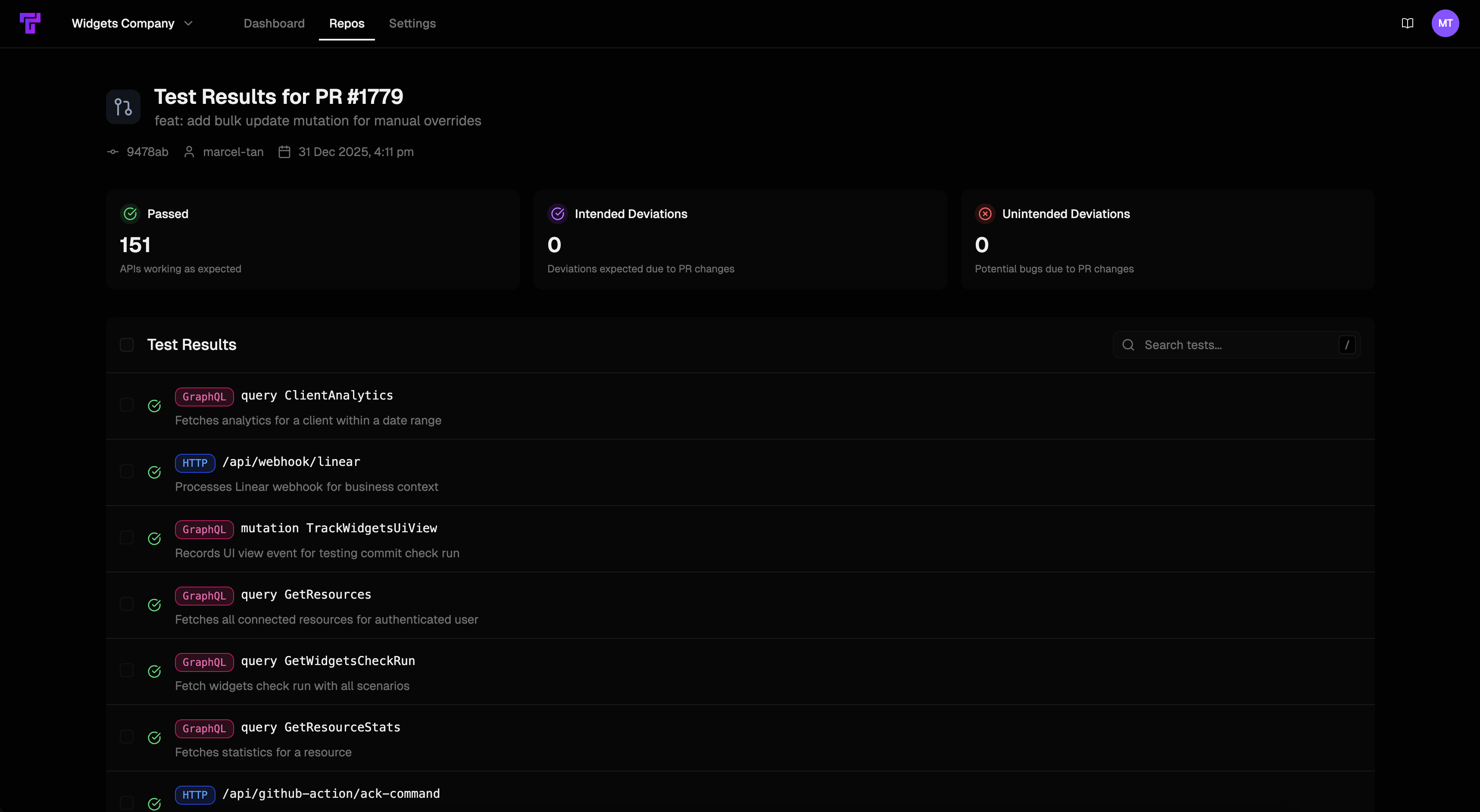 Screenshot showing Tusk Drift run page with tests for a PR