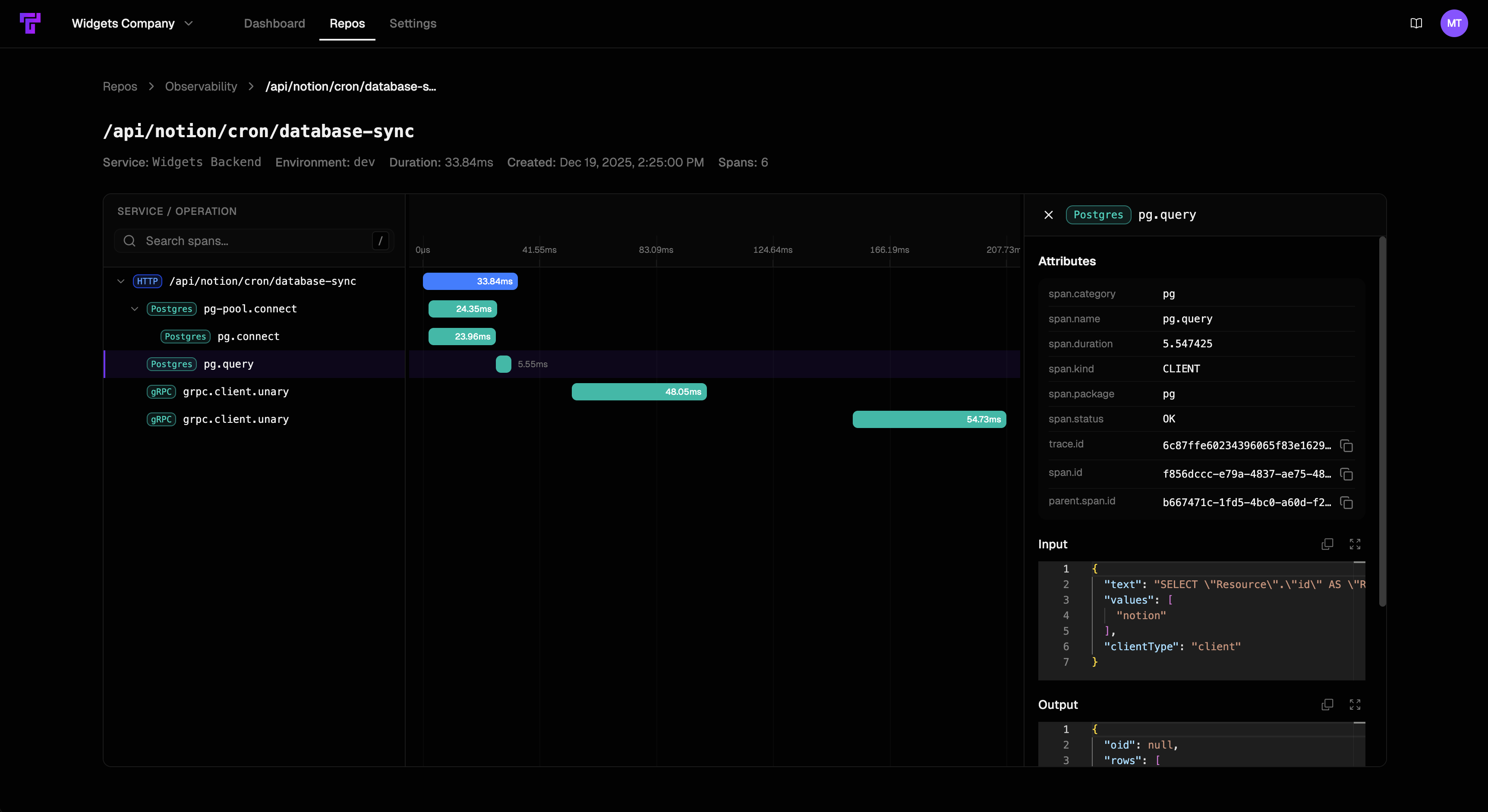 Screenshot showing Tusk Drift span view page