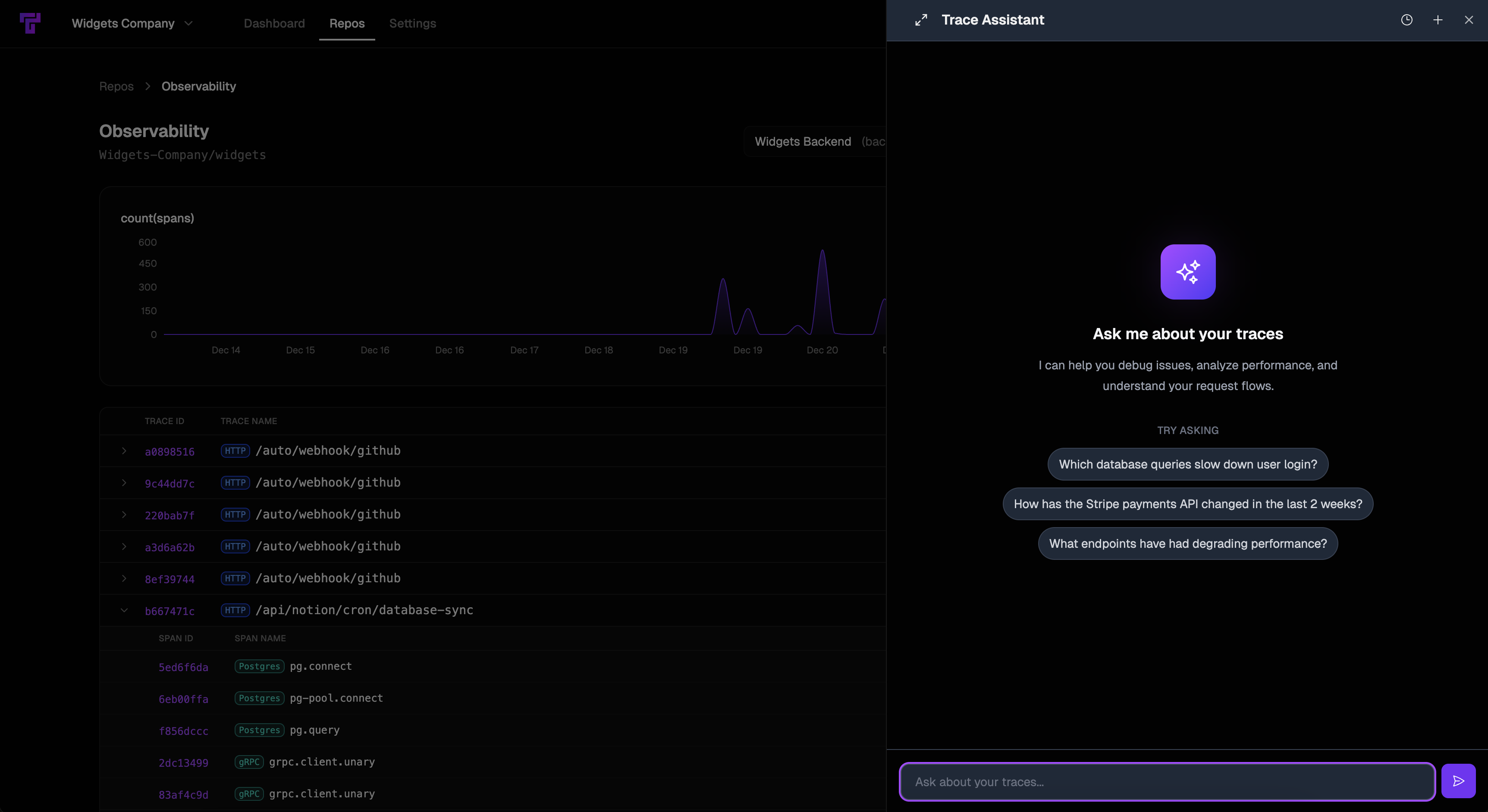 Screenshot showing the Tusk Drift Trace Assistant in observability dashboard