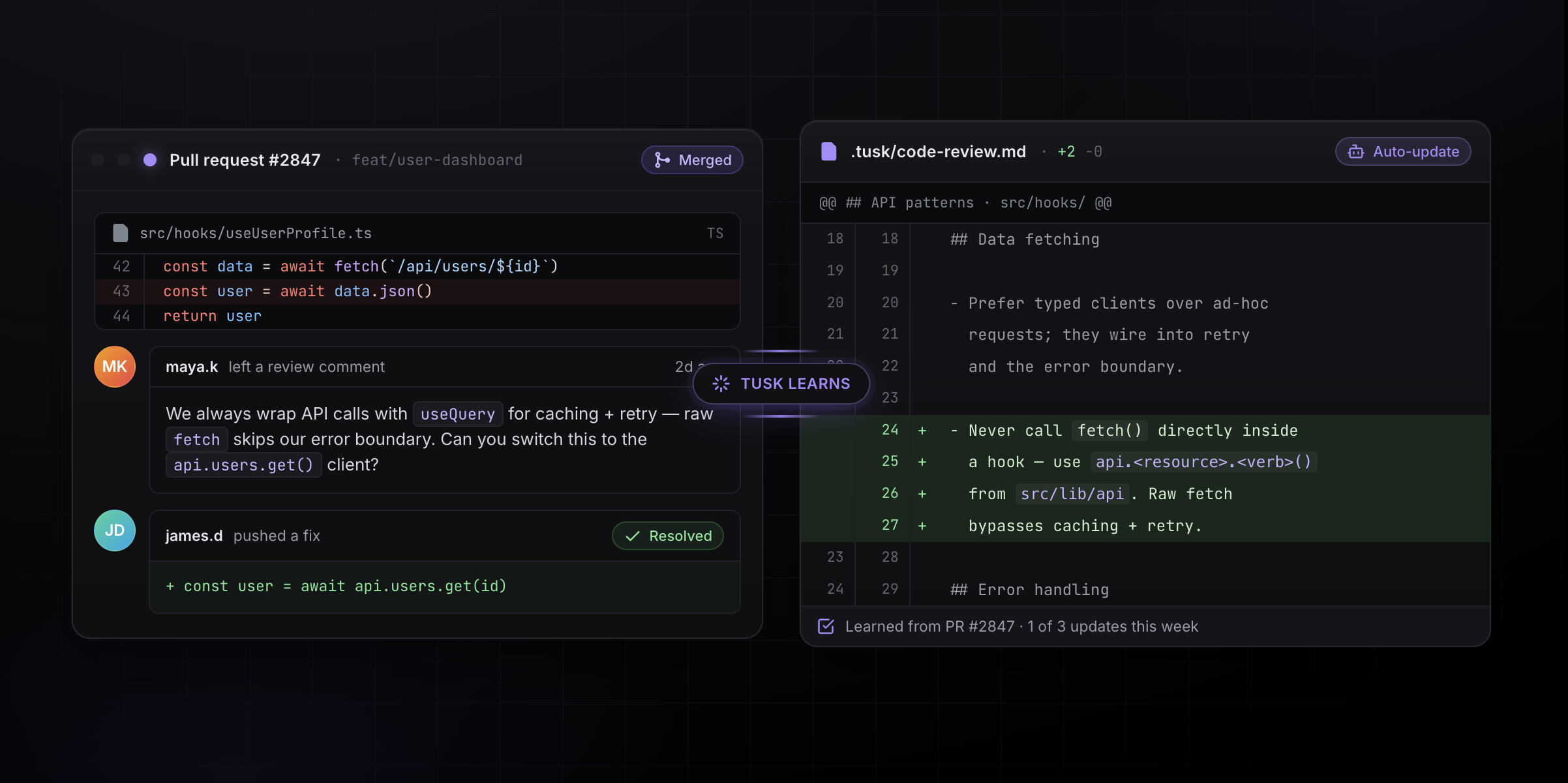 Graphic showing Tusk Review learning from resolved review comments