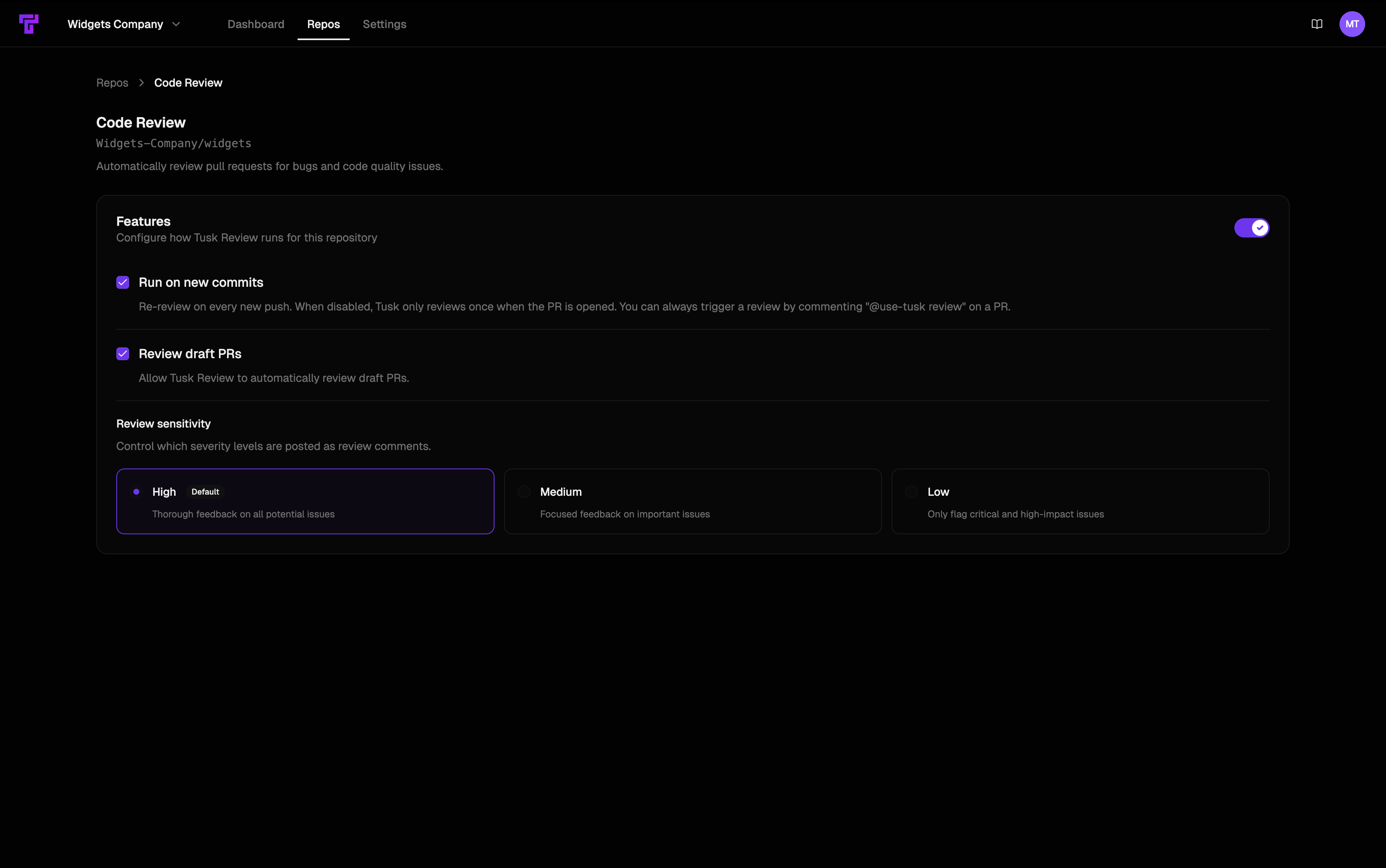 Image showing Tusk Review repo configuration page