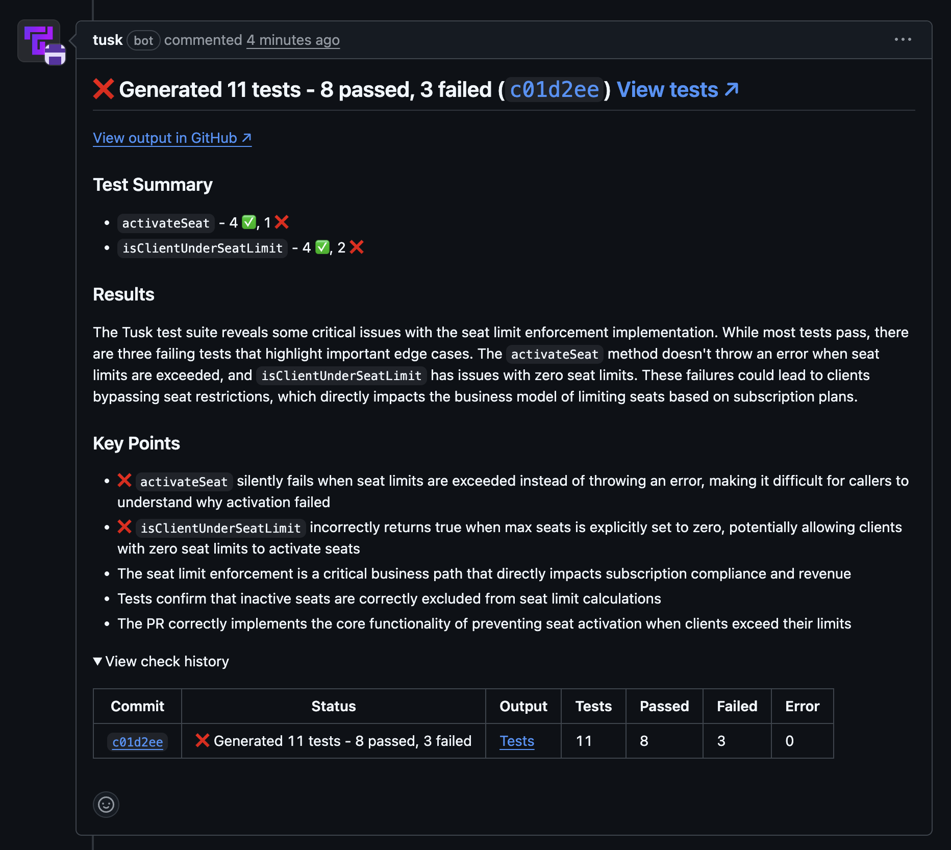 Tusk GitHub PR comment showing tests generated, results summary, and key points.