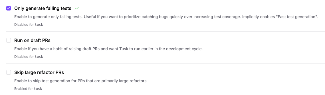 Tusk test check configurations with "Only generate failing tests" enabled