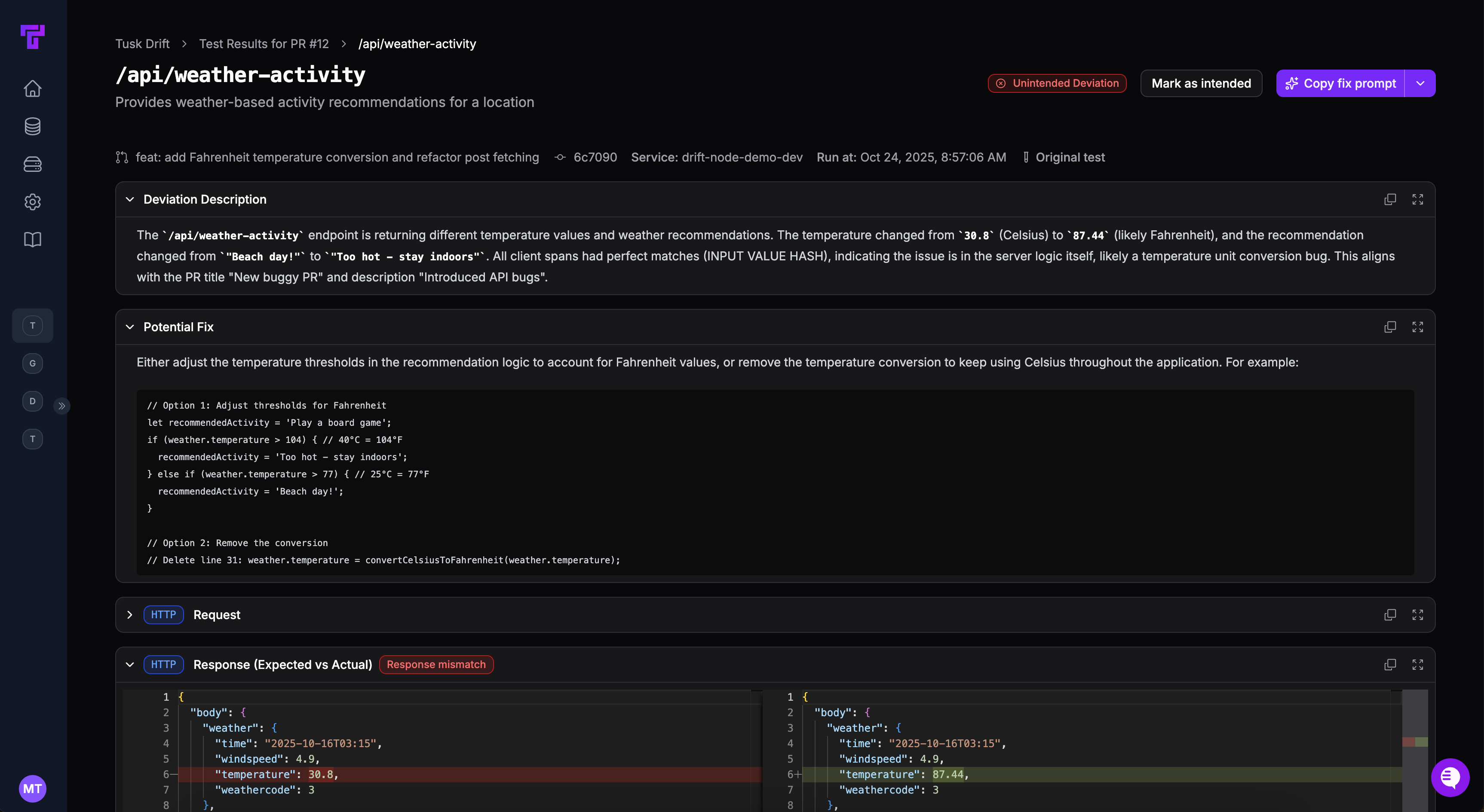 Screenshot of example Tusk Drift API test result page