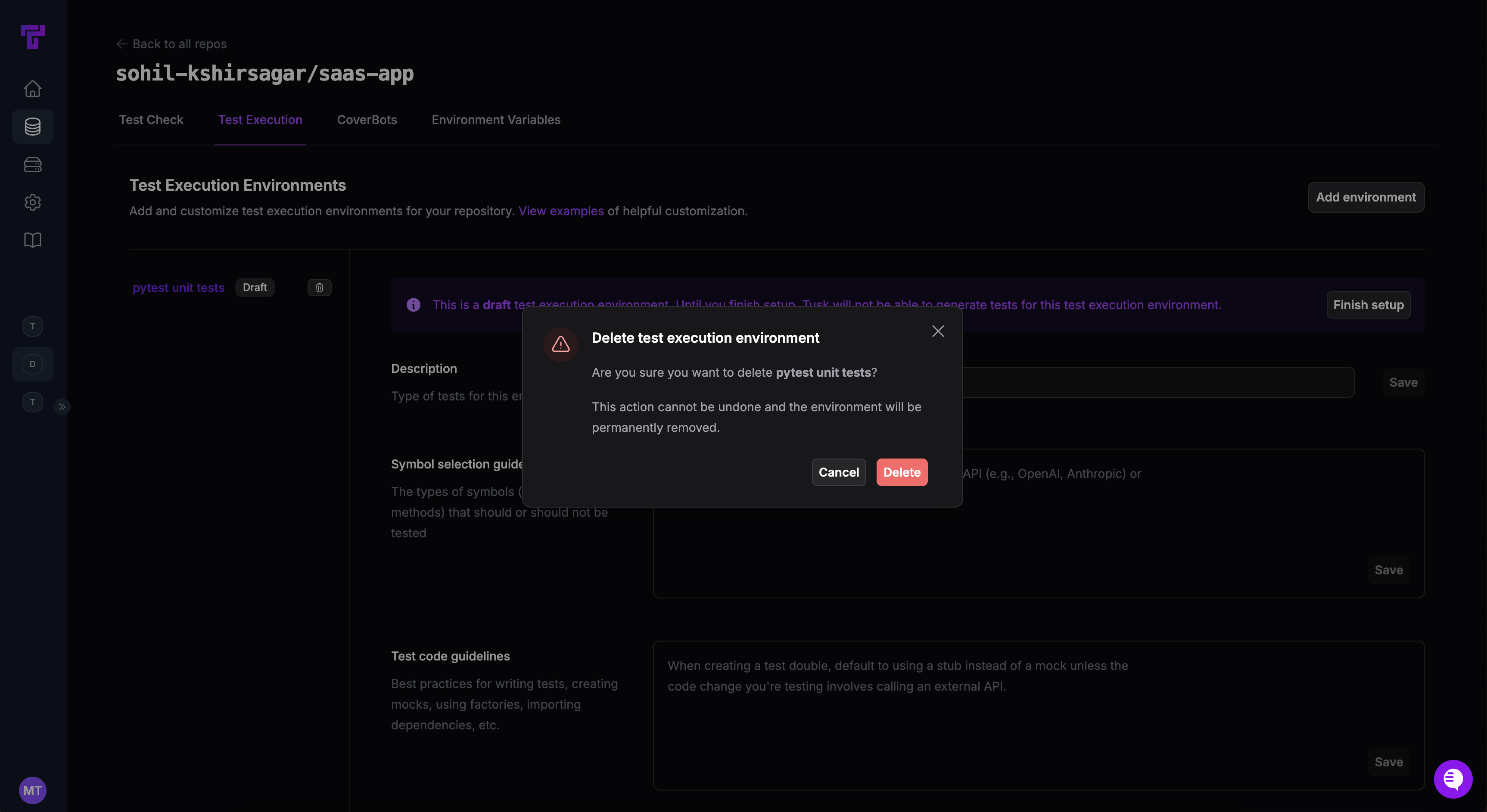 Screenshot of Tusk test execution environment deletion modal