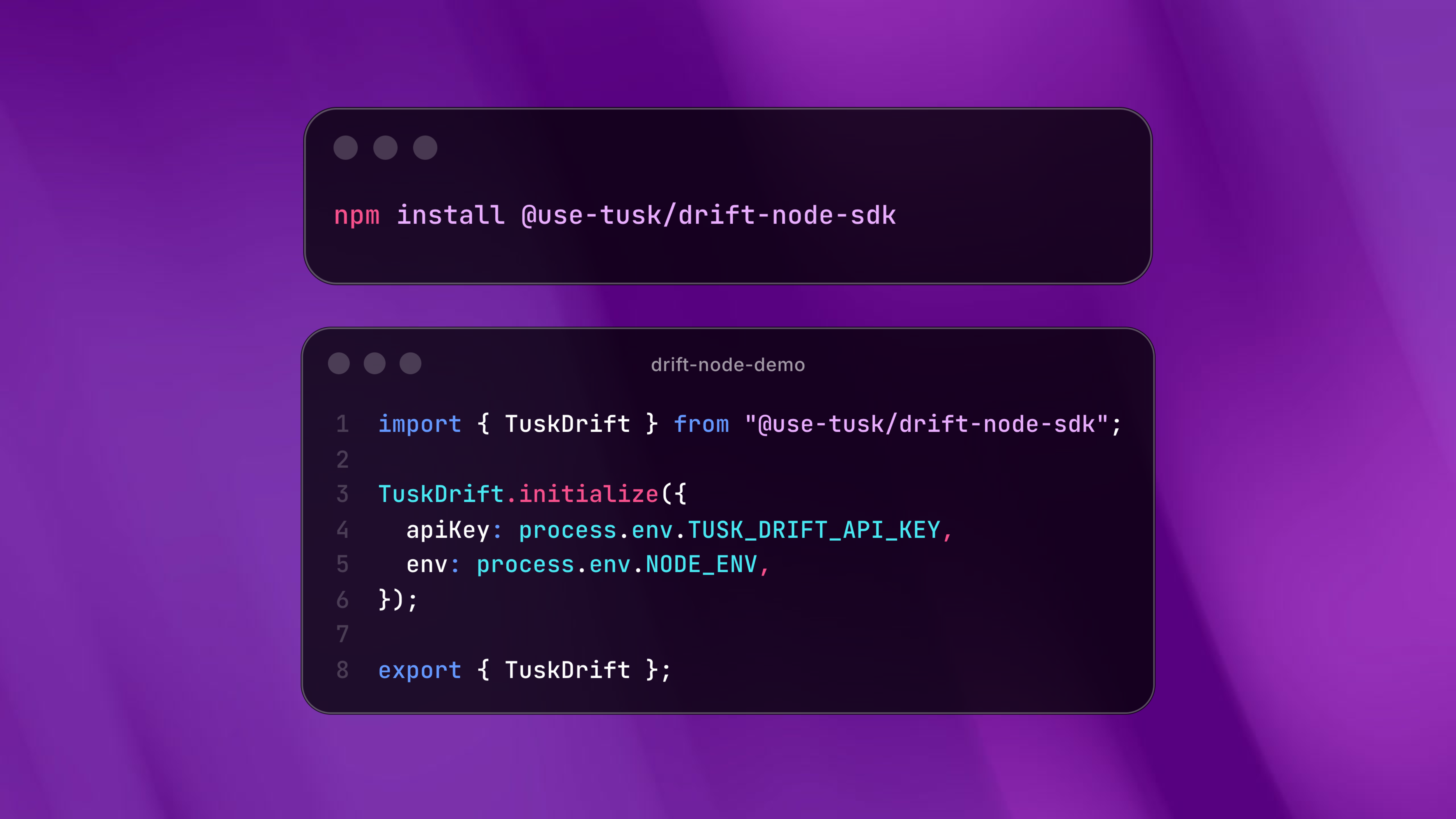 Screenshot of npm install command and initialization code snippet for Tusk Drift SDK