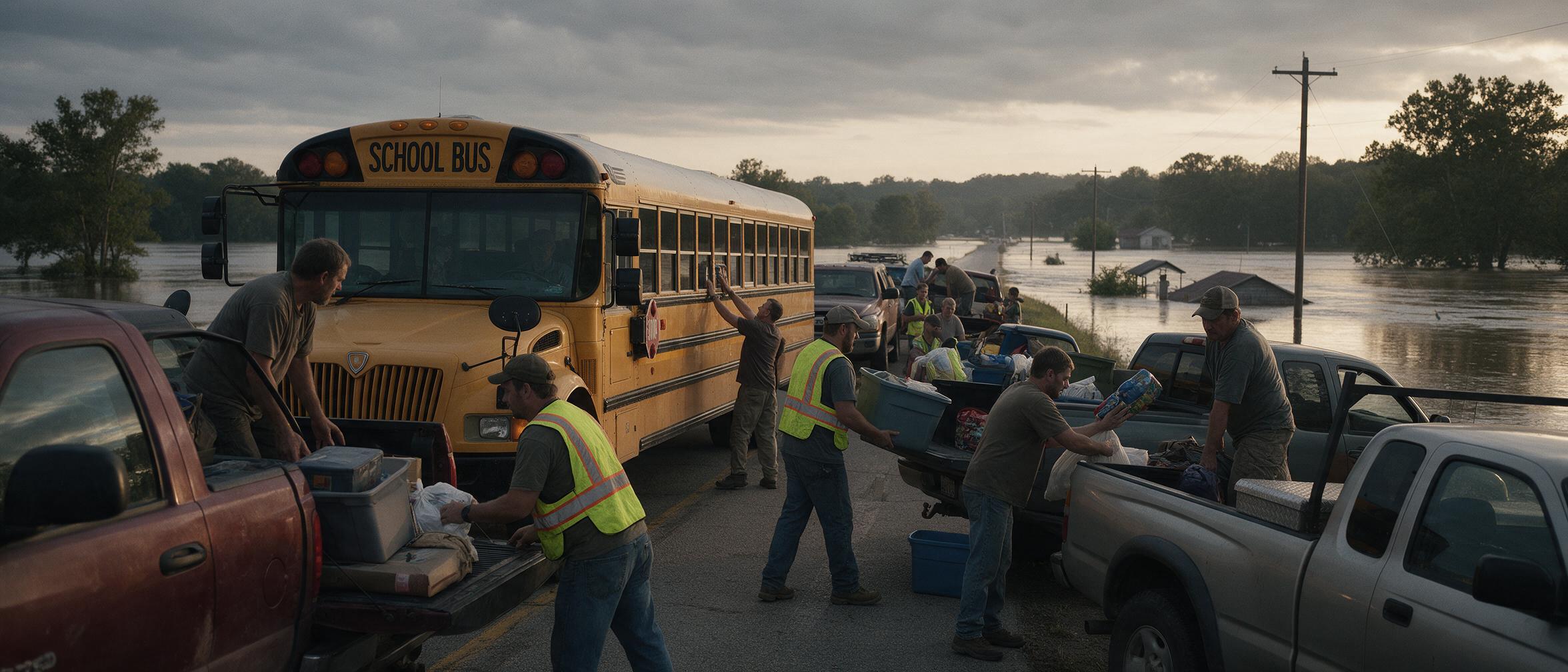 Male volunteers loading vehicles during a rural flood evacuation near a school bus.