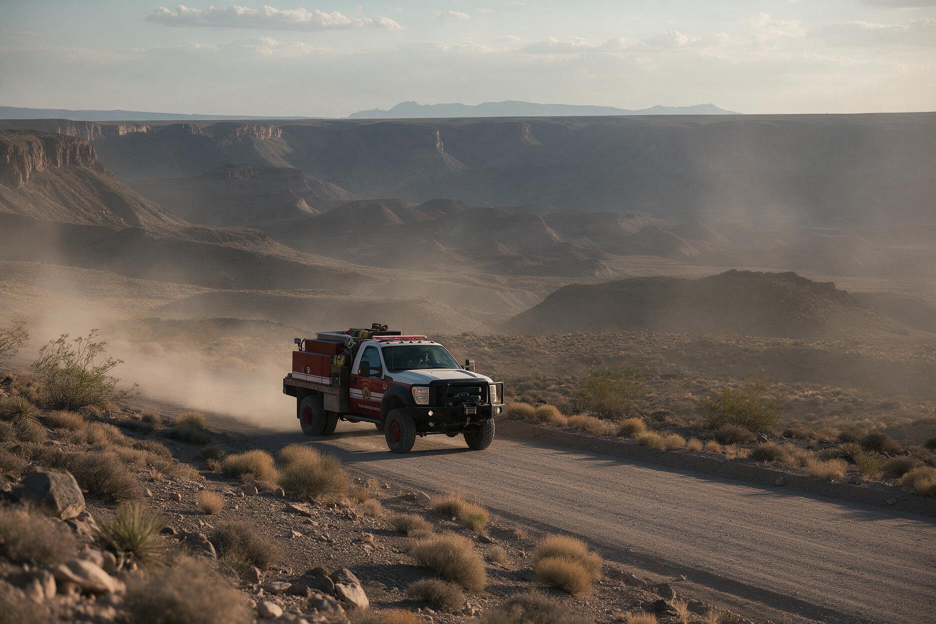 Brush truck traveling on a remote desert road in rugged terrain.