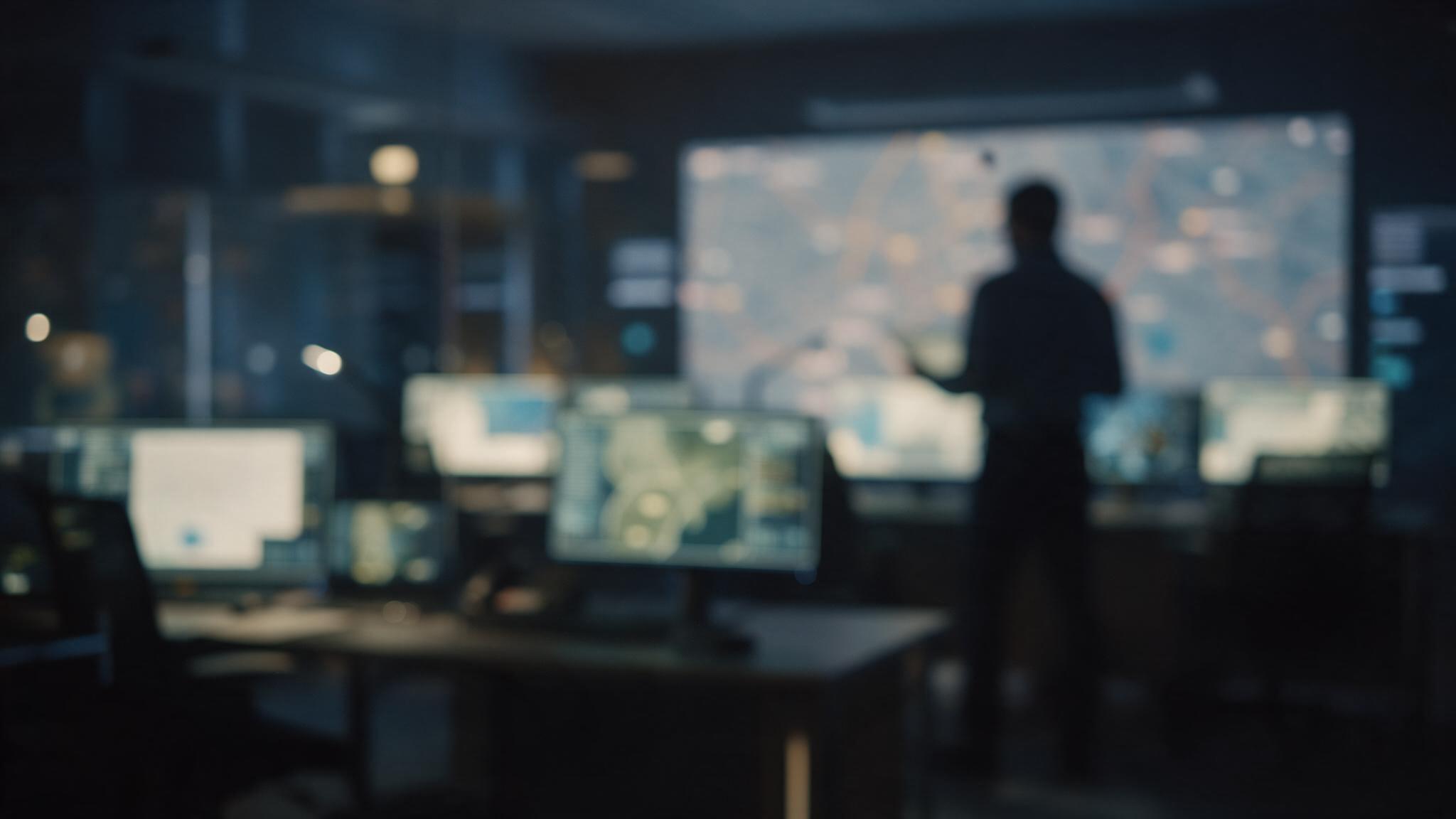 Emergency operations center with digital displays and a responder reviewing information.