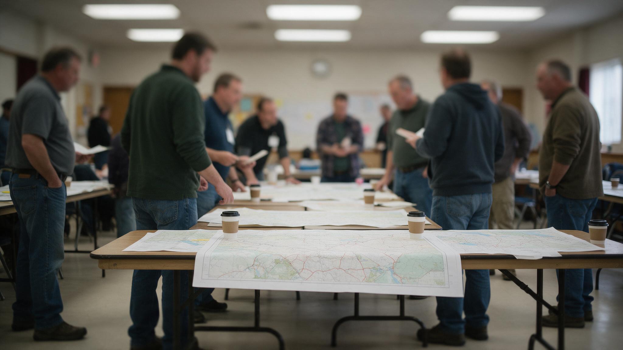 Emergency planning team conducting a tabletop exercise with maps and planning materials.