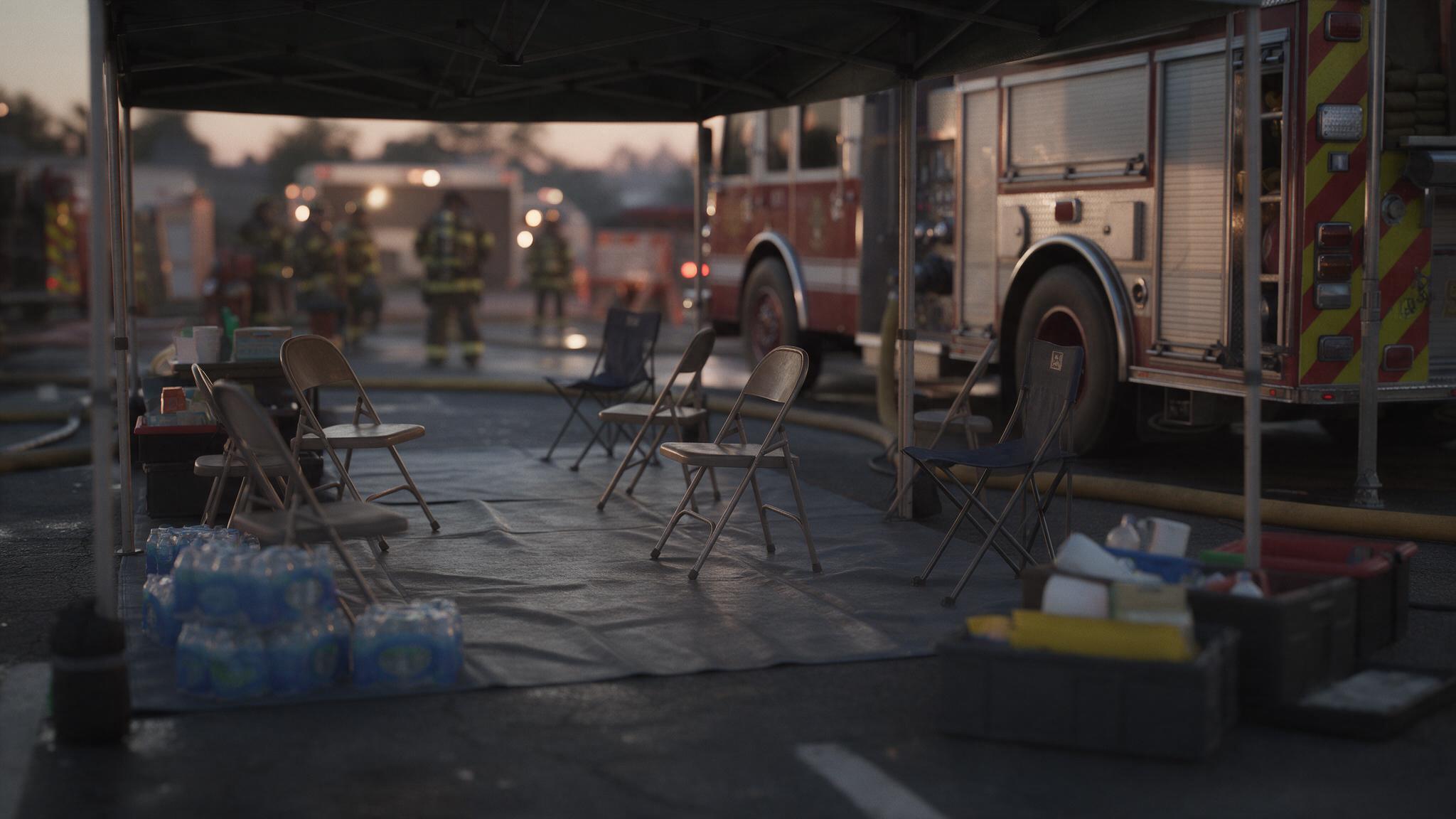Responder rehabilitation area with chairs, water, and supplies beside fire apparatus.