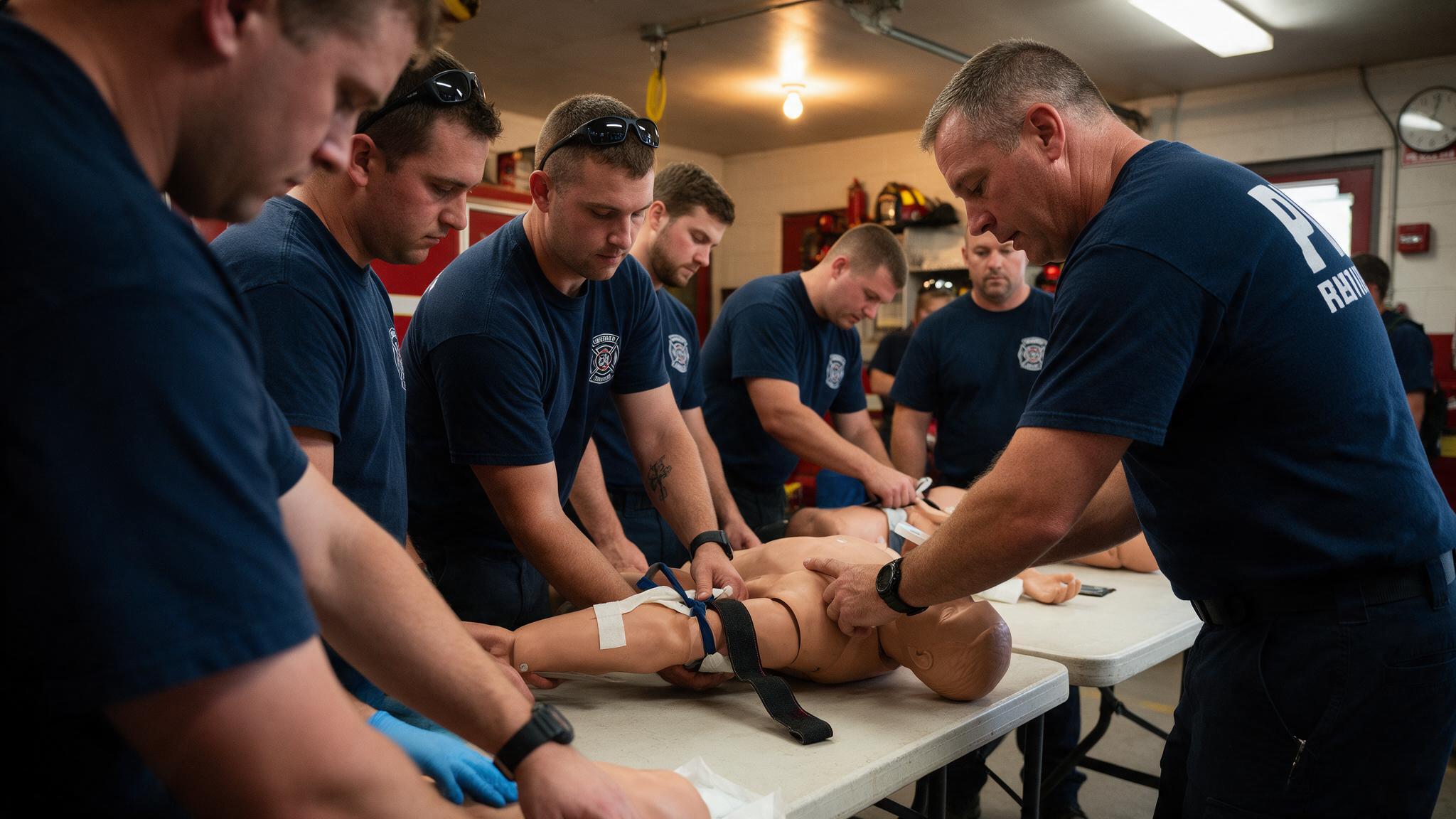 Male volunteer responders practicing emergency skills in a rural fire station.