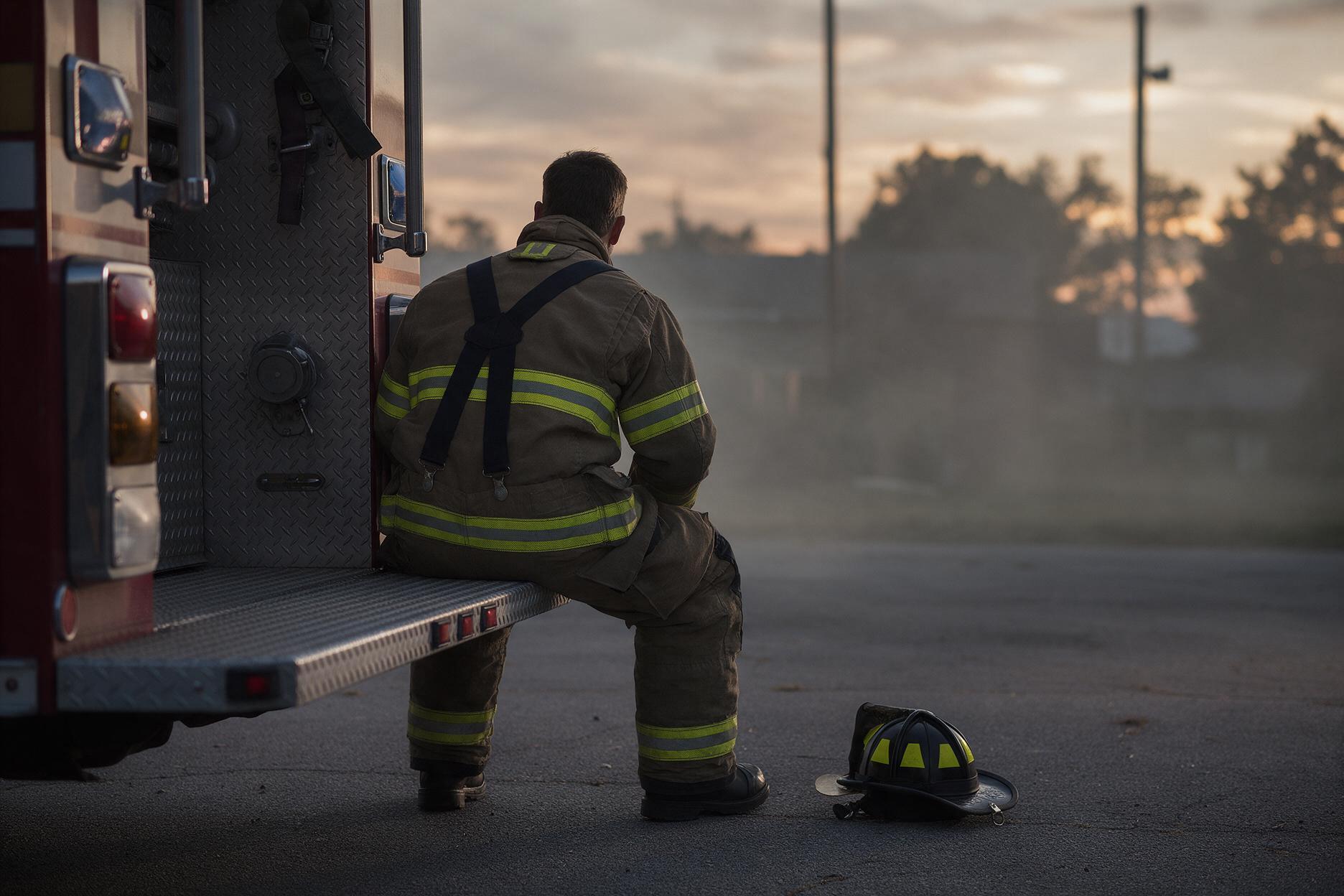 Firefighter resting beside an apparatus after an extended response.