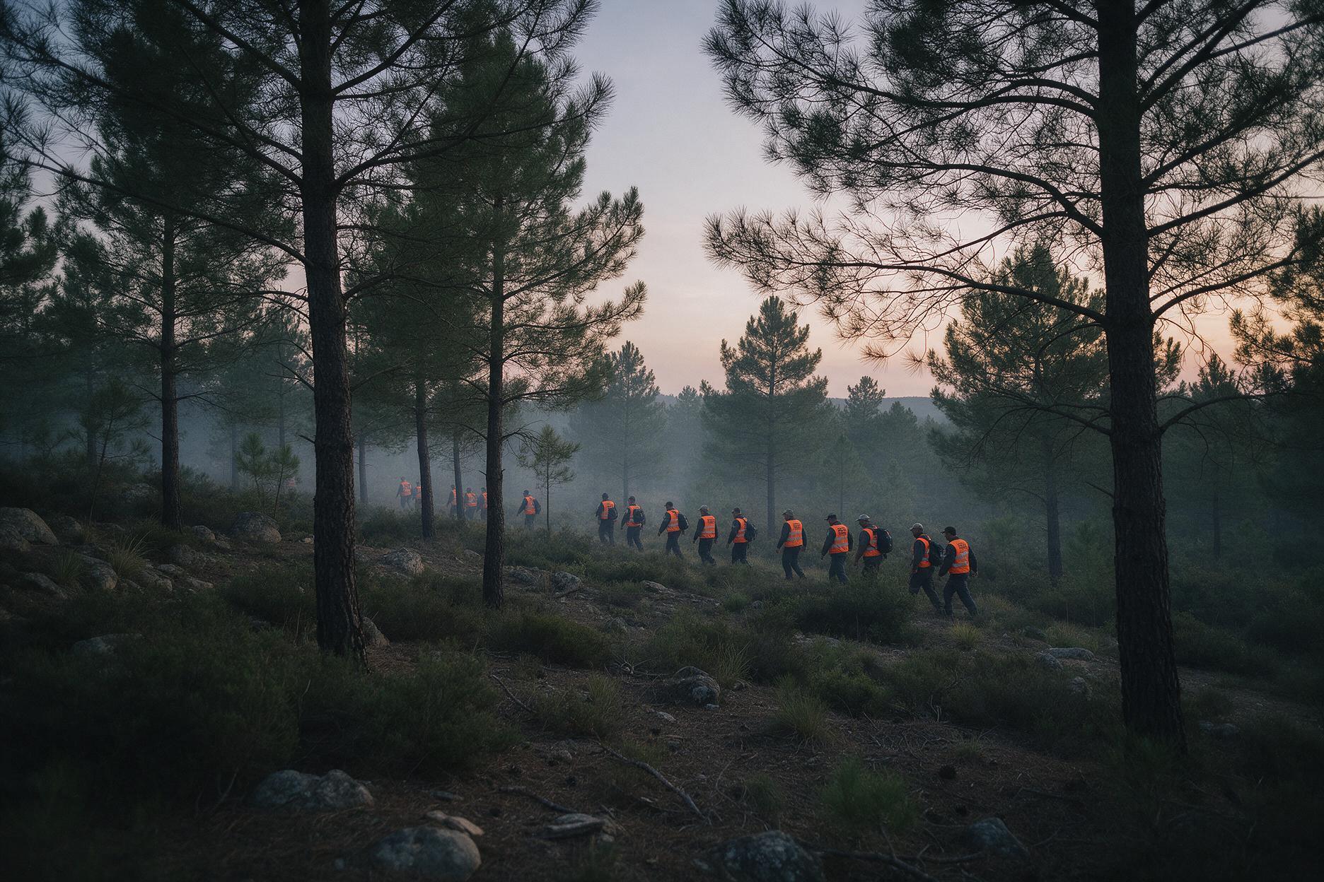 Search and rescue team moving through forest terrain during a coordinated search.