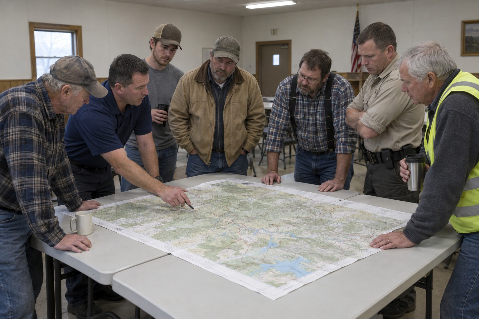 Community members and agency responders planning together over a map at a rural meeting hall.