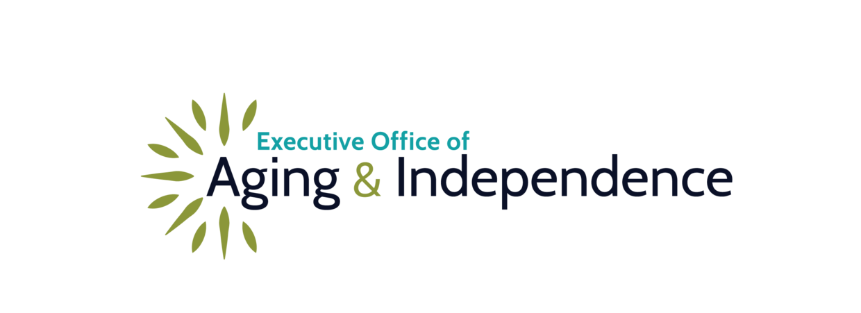 A blue background to the right are the words "Executive Office" "Of Elder Affairs" on two lines to the left is a white circle with "COMMONWEALTH OF MASSACHUSETTS" inside with a banner underneath a shield decorated with a yellow man.