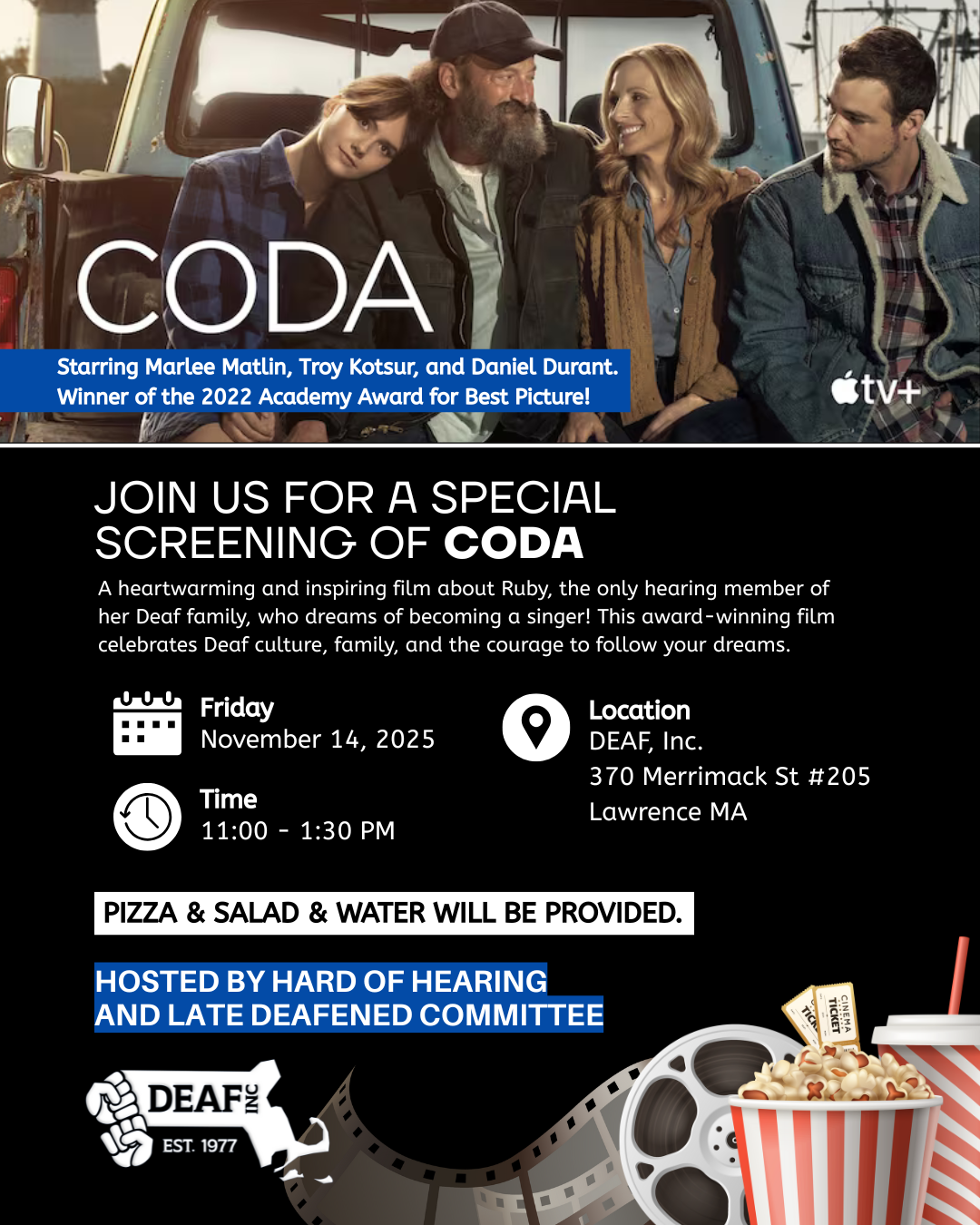 A promotional flyer for the theatrical premiere of the documentary Deaf Santa Claus. The background is black with a grayscale photograph of an older man with long white hair, glasses, and a full beard, resting his chin on his hand in thought. At the top, in bold text: CINEMA SALEM – Salem, Massachusetts. Center in white text: Theatrical Premiere September 24th • 6:30 P.M. Below in smaller white text: Special Guests: Charles & Kari Graves Plus Q&A with the Director After the Show Below in large bold white text: Featuring Charles William Graves – Deaf Santa Claus. Bottom in white and gold text: Tickets available at: www.cinemasalem.com/movie/deaf-santa-claus Questions? contact@deafsantaclaus.org