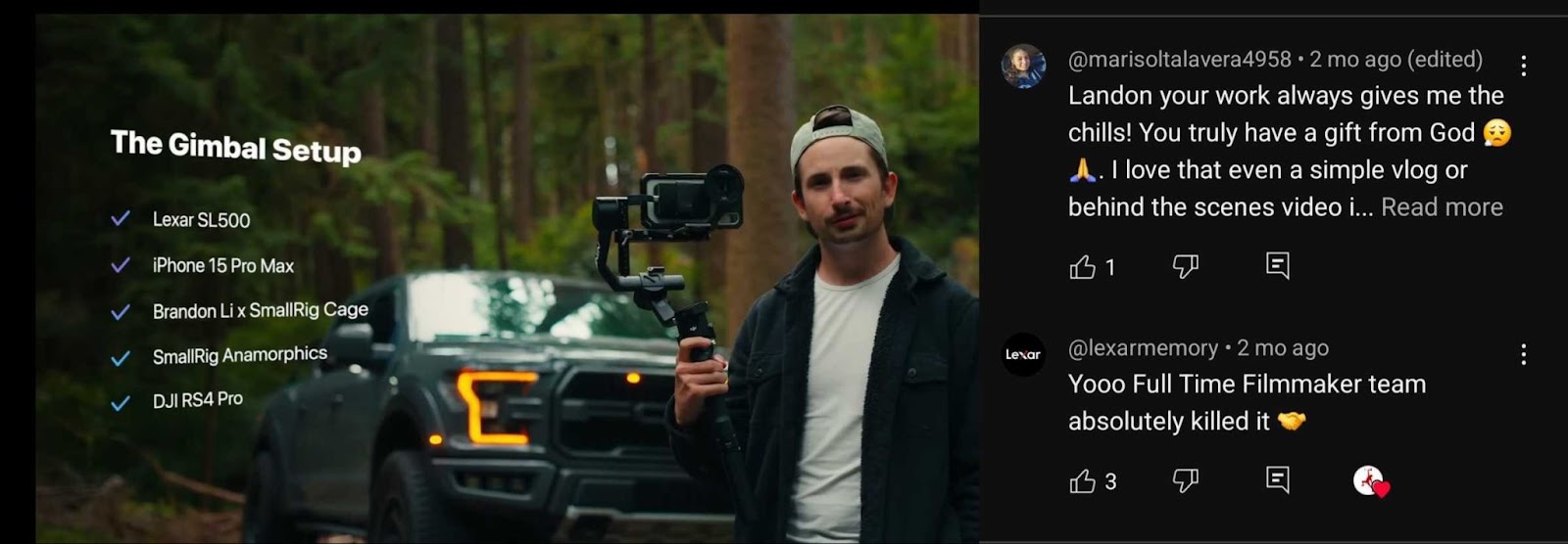 Viewer comments on Parker Walback's video praising his filmmaking skills