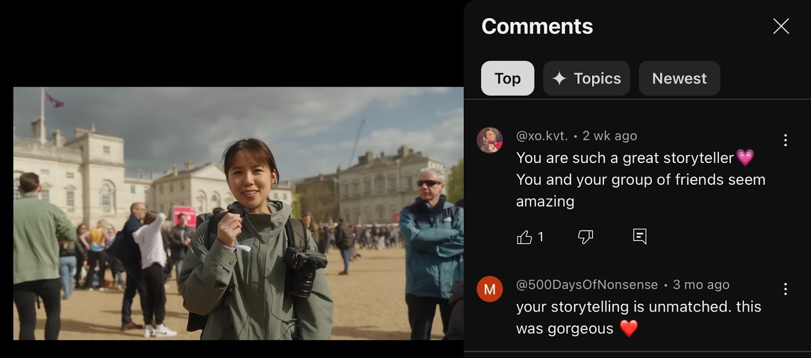 Viewer comments on Kariza Santoz's video praising her authentic storytelling approach