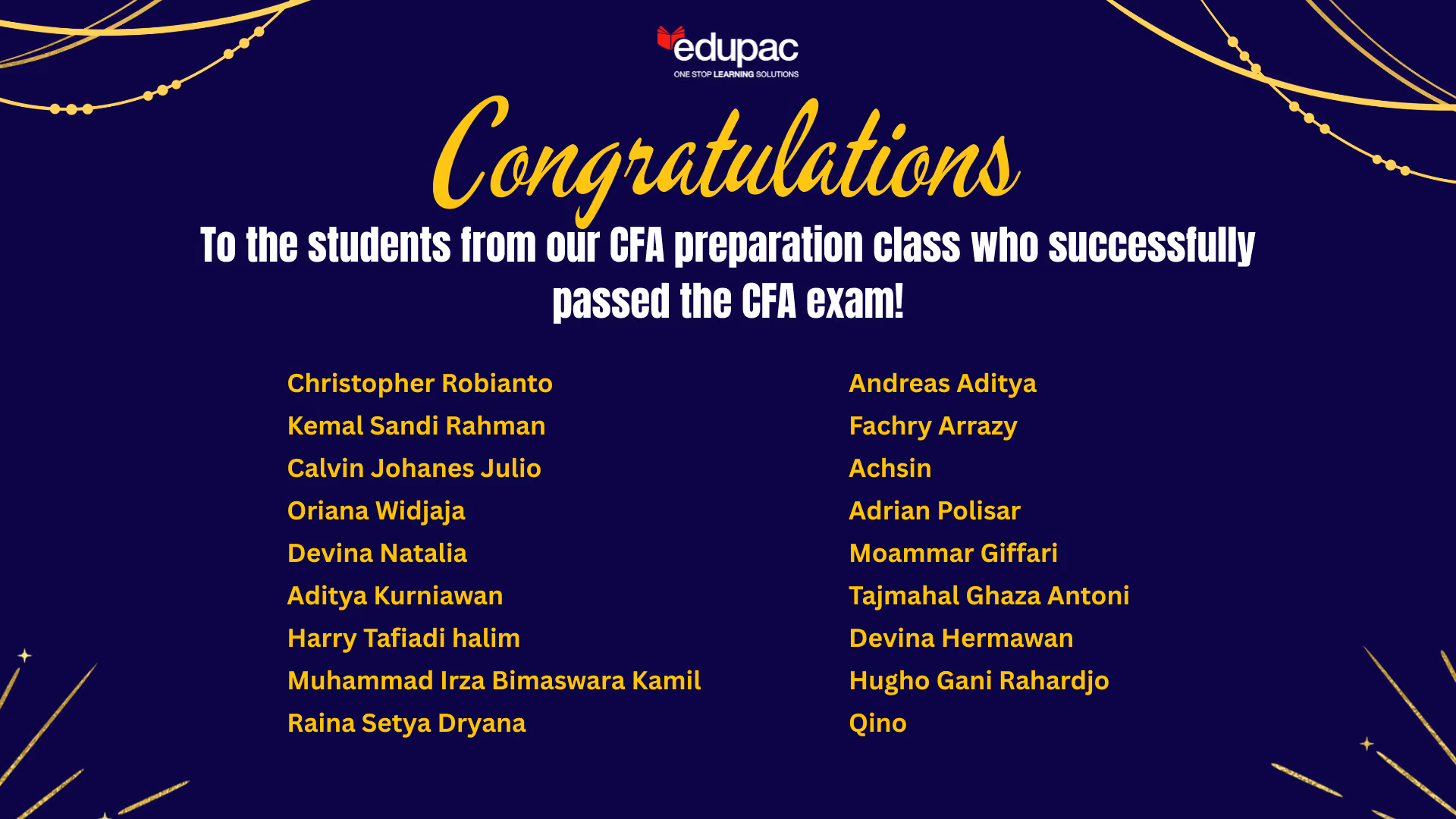Edupac congratulates students who passed the CFA exam, listing names in yellow text on a dark blue background with decorative gold lines.