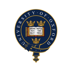 University of Oxford emblem with Latin motto and three gold crowns on a navy circular background.