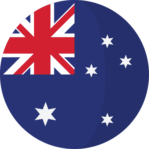 Round icon of Australia’s flag featuring Union Jack and white stars on blue background.