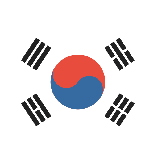 Flag of South Korea with red and blue circle and four black trigrams on white background.