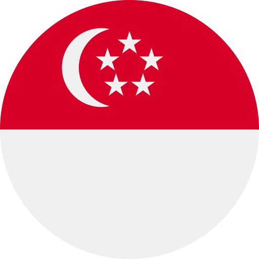 Round flag of Singapore with red top, white bottom, crescent moon, and five stars in a circle.