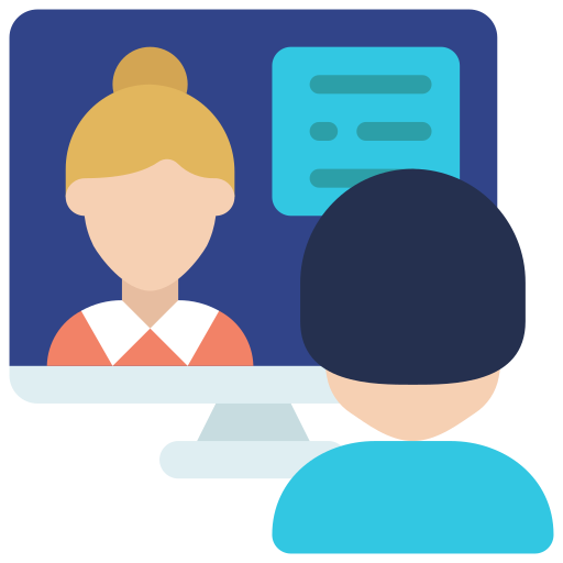 Person sitting in front of a monitor displaying a woman and a text box for an online interview.