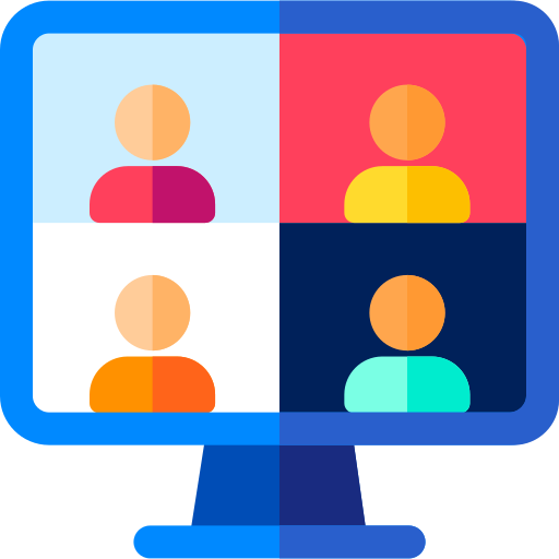 Computer screen showing a video conference with four participants in colored blocks.
