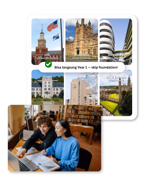 Collage of university buildings in US, Australia, Singapore, Korea, Japan, UK & Europe with skip foundation study note.