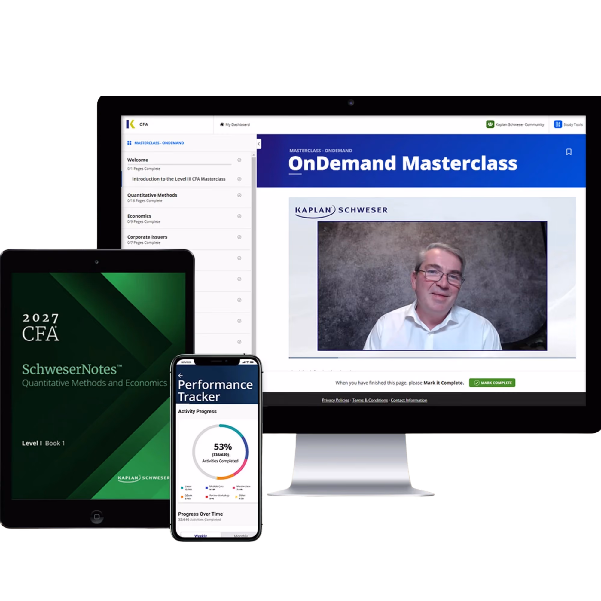 Multiple electronic devices showing Kaplan Schweser CFA exam prep materials, including video lecture, QuickSheet, practice questions, and SchweserNotes ebook.