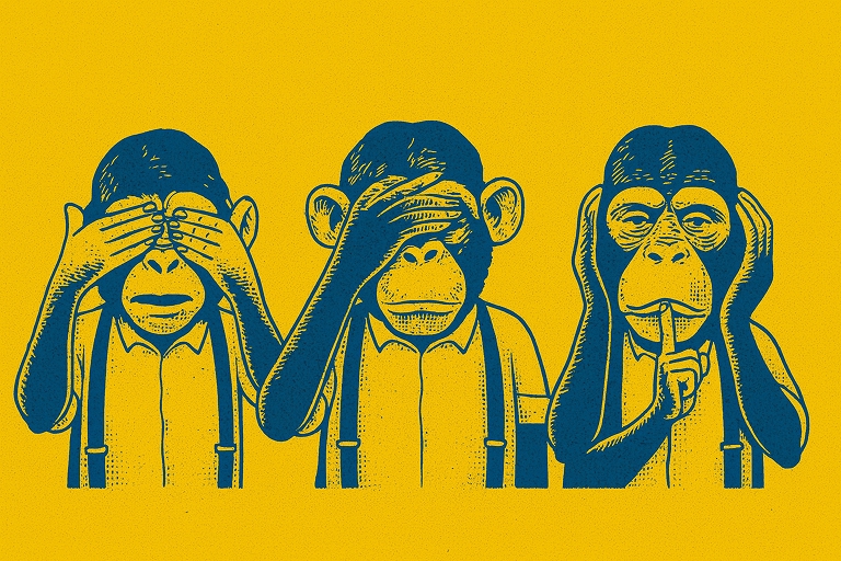 Illustration of three monkeys representing the speak no evil, hear no evil, see no evil.