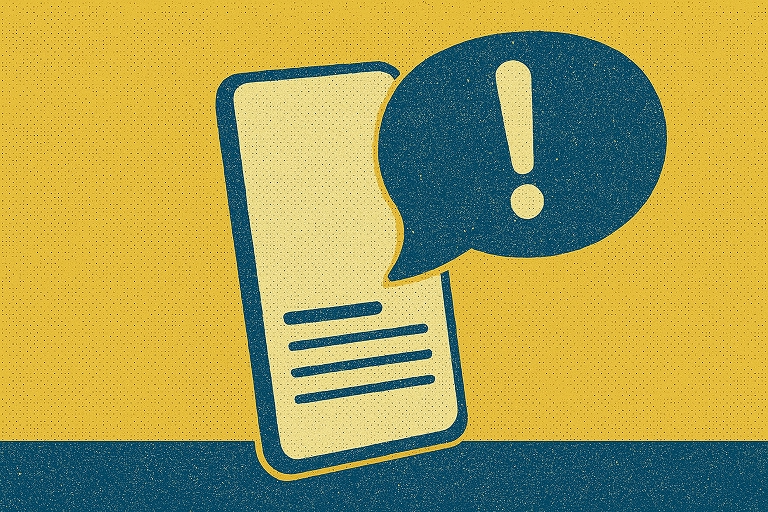 Graphic representing a phone with a speech bubble with a large exclamation point.