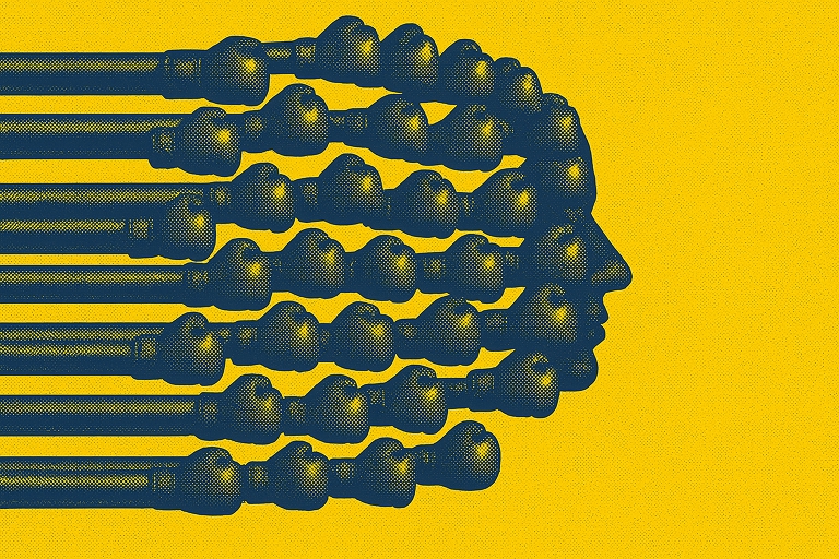 Illustration of a group of many boxing gloves making the outline of a face.