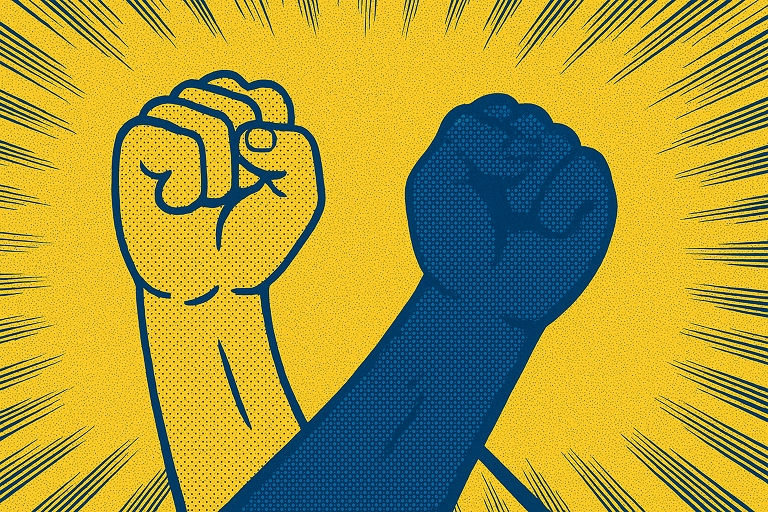 Graphic representing two fists clenched with a starburst background.