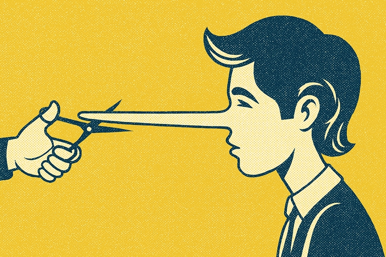 Graphic representing a man with a long nose with a pair of scissors threatening to cut it.