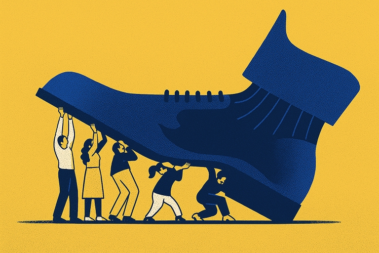 Illustration of a landlord's foot stepping on tenants.